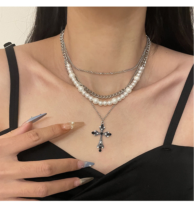 Fashion Personalized Multi-Layered Pearl Cross Pendant Necklace Clavicle Chain For Women Temperament Jewelry Accessories Gifts