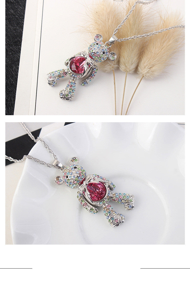 European And American Fashion Cute Bear Crystal Necklace Female Diamond Pendant