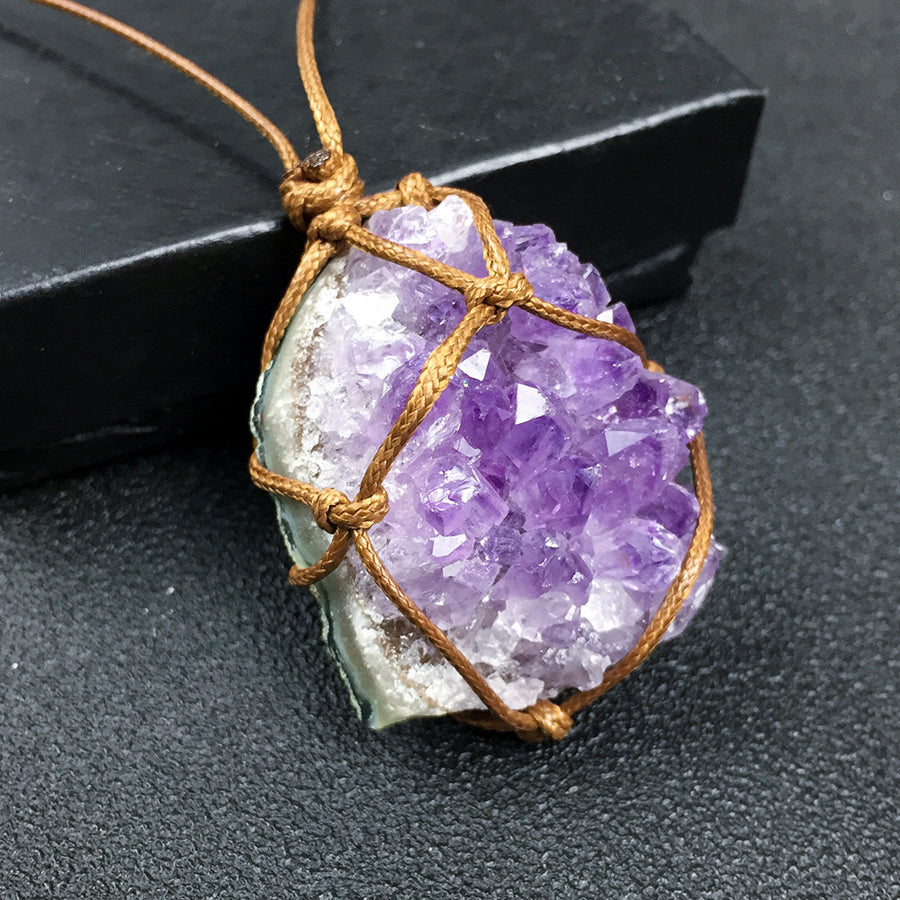 Natural Uruguay Amethyst Cluster Rough Stone Pendant Amethyst Rough Stone Woven Necklace