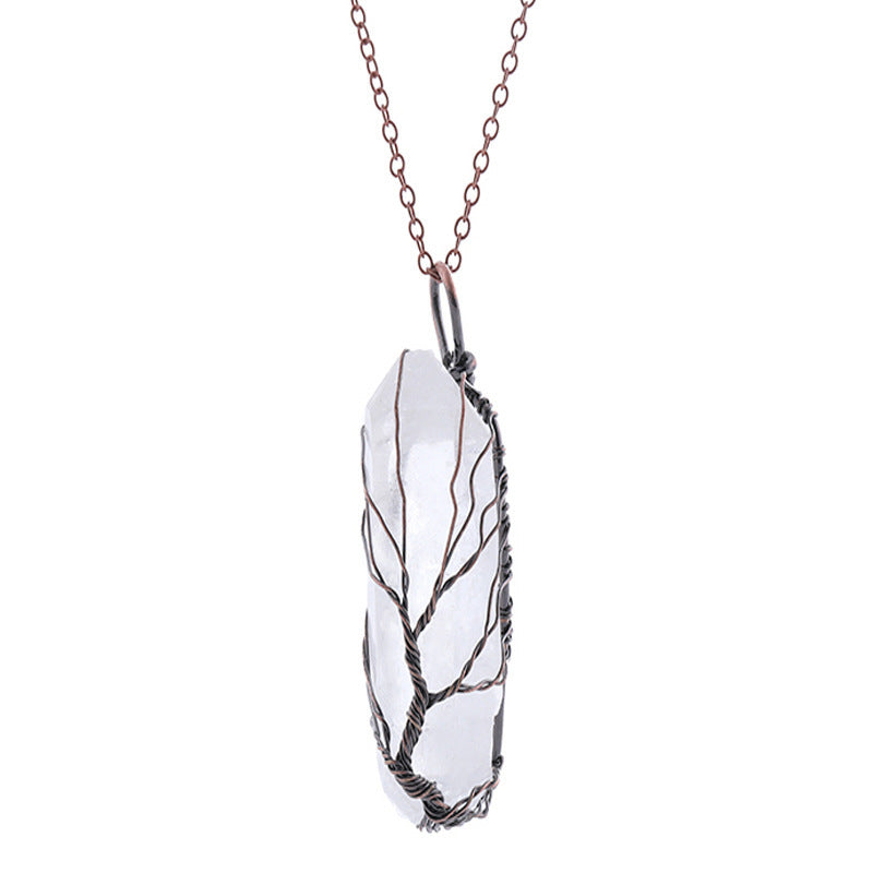 Dyed Natural White Crystal Column Tree Of Life Pendant Necklace