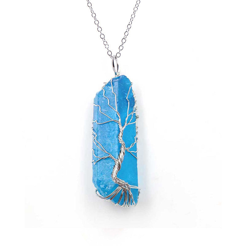 Dyed Natural White Crystal Column Tree Of Life Pendant Necklace