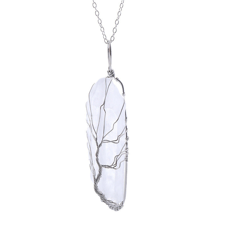 Dyed Natural White Crystal Column Tree Of Life Pendant Necklace