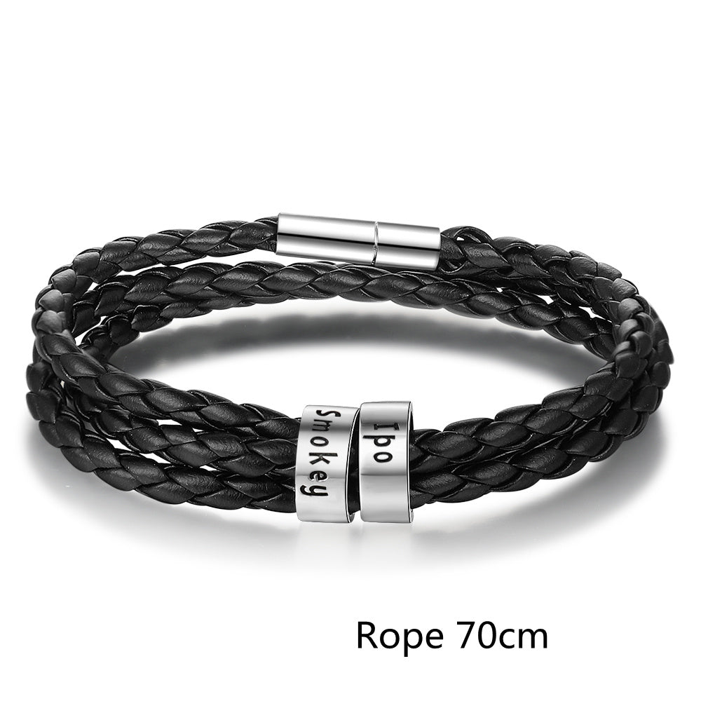 Personalized Mens Braided Genuine Leather Bracelet Stainless Steel Custom Beads Name Charm Bracelet For Men With Family Names