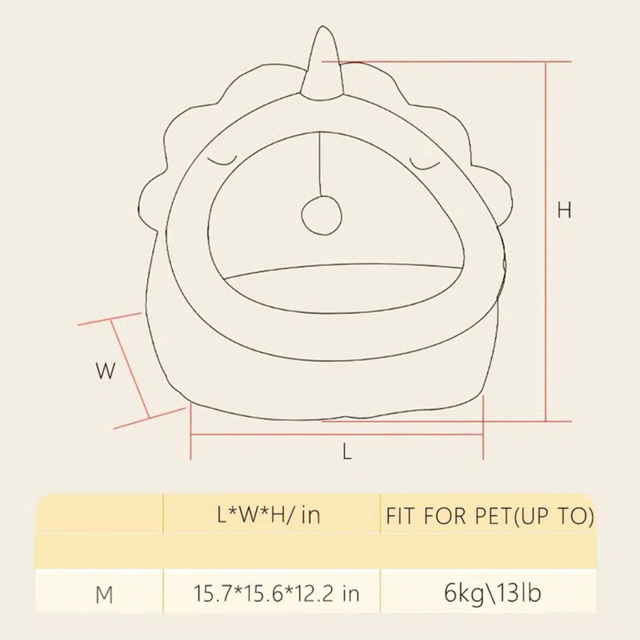 A fun and colorful pet house shaped like a dinosaur, perfect for cats or dogs.