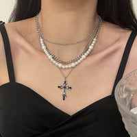 Fashion Personalized Multi-Layered Pearl Cross Pendant Necklace Clavicle Chain For Women Temperament Jewelry Accessories Gifts