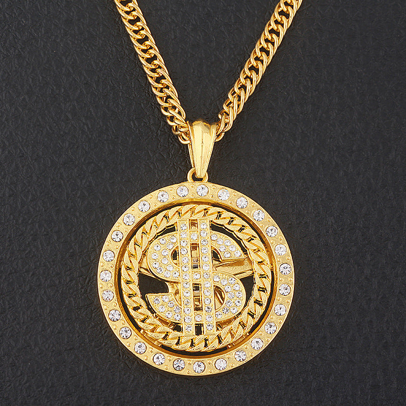 European Hip Hop Street Dollar Turntable Necklace Rap HIPHOP Rotatable Dollar Pendant More And More Earned