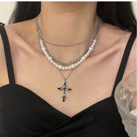 Fashion Personalized Multi-Layered Pearl Cross Pendant Necklace Clavicle Chain For Women Temperament Jewelry Accessories Gifts