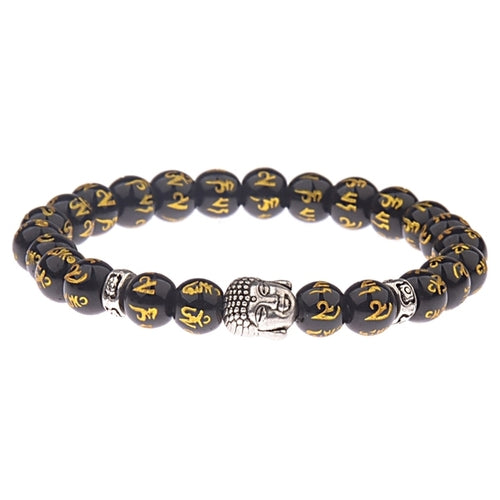 Women's 8mm Black Buddha & Evil Eye Charm Bracelet - Elastic & Round