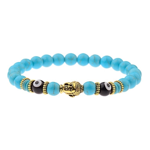 Women's 8mm Black Buddha & Evil Eye Charm Bracelet - Elastic & Round