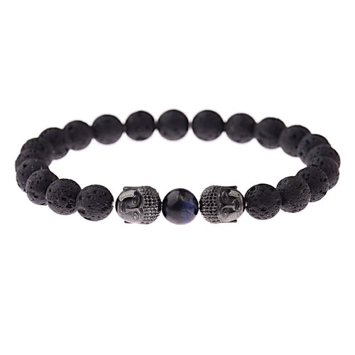 Women's 8mm Black Buddha & Evil Eye Charm Bracelet - Elastic & Round