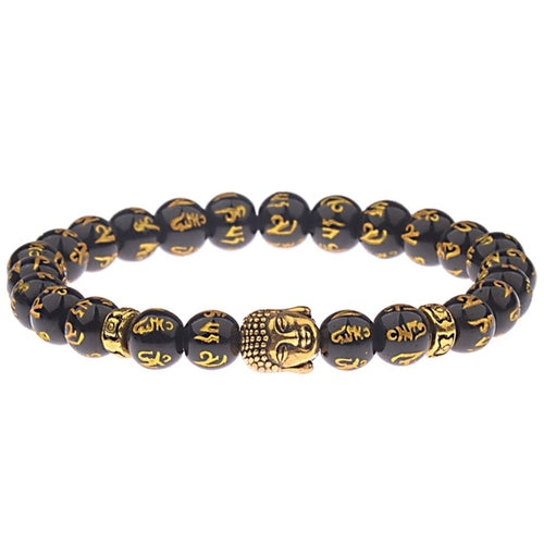 Women's 8mm Black Buddha & Evil Eye Charm Bracelet - Elastic & Round