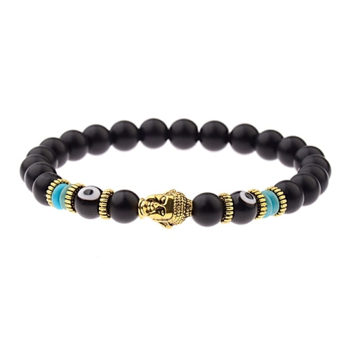 Women's 8mm Black Buddha & Evil Eye Charm Bracelet - Elastic & Round