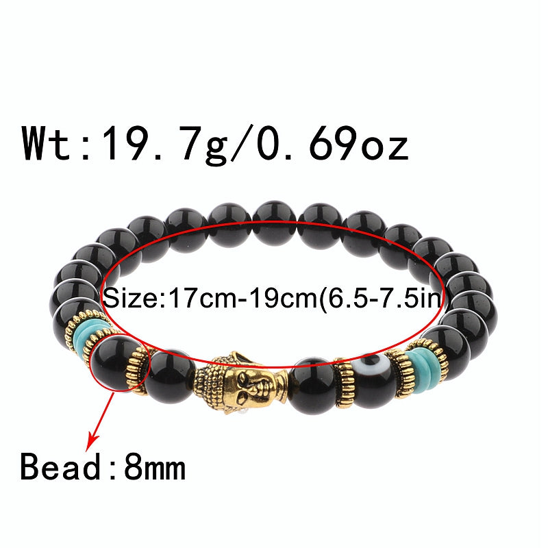 Women's 8mm Black Buddha & Evil Eye Charm Bracelet - Elastic & Round