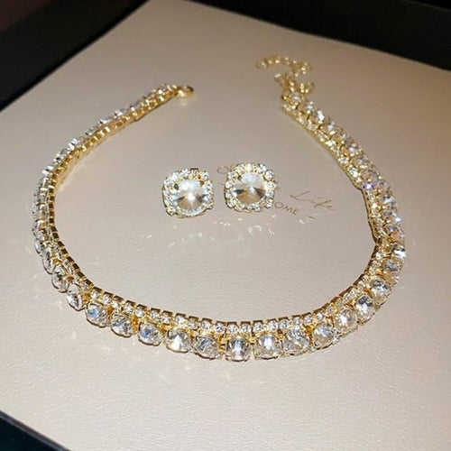 Geometric Crystal Necklace Earrings Set - Wedding Jewelry