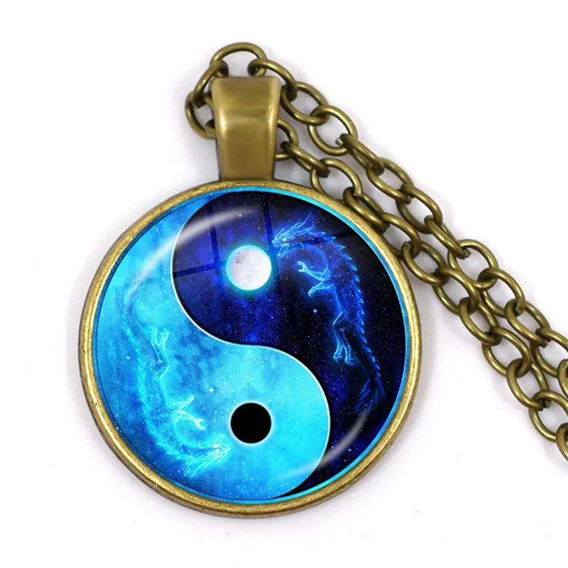 Yin Yang Necklace Tai Chi Unisex Time Stone Cabochon Glass Pendant