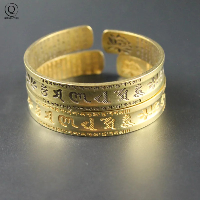 Pure Copper Buddhist Mantra Cuff Bangle - Brass Scripture Design