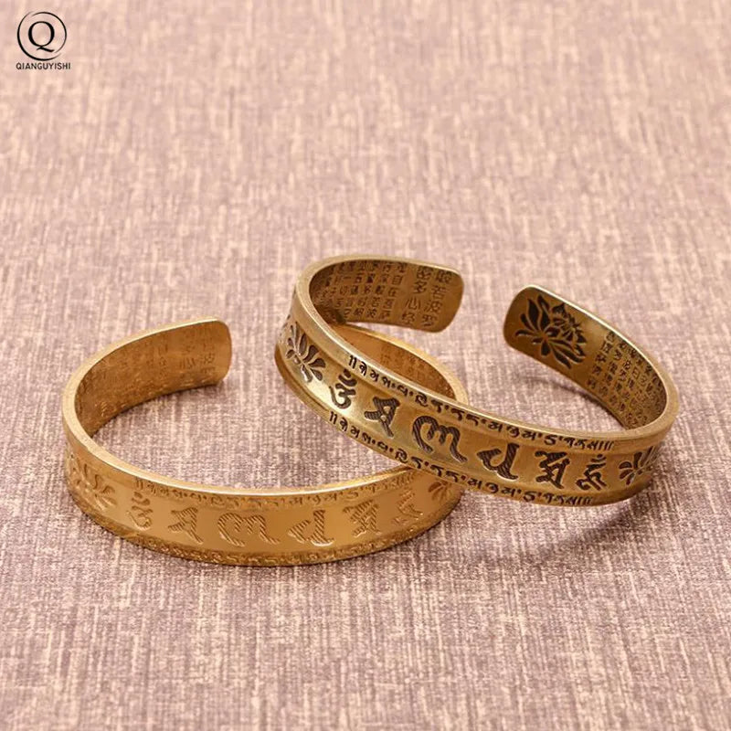 Pure Copper Buddhist Mantra Cuff Bangle - Brass Scripture Design