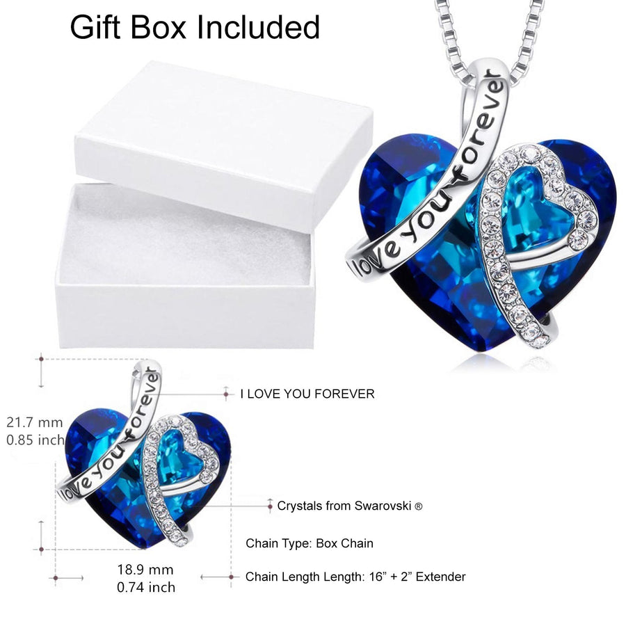 I LOVE YOU FOREVER Blue  Crystal Heart Necklace & Gift Box in 18K White