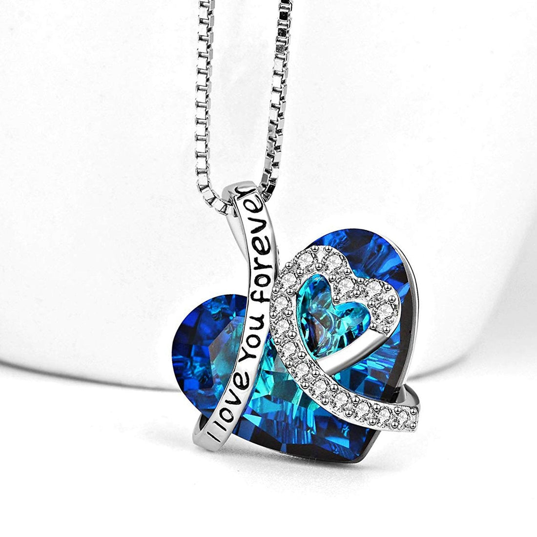 I LOVE YOU FOREVER Blue  Crystal Heart Necklace & Gift Box in 18K White