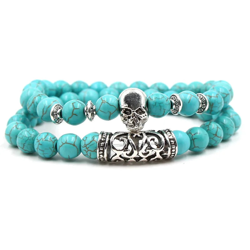 KMVEXO 2PCS/Set Silver Color Buddha Head Lava Skeleton Turquoises