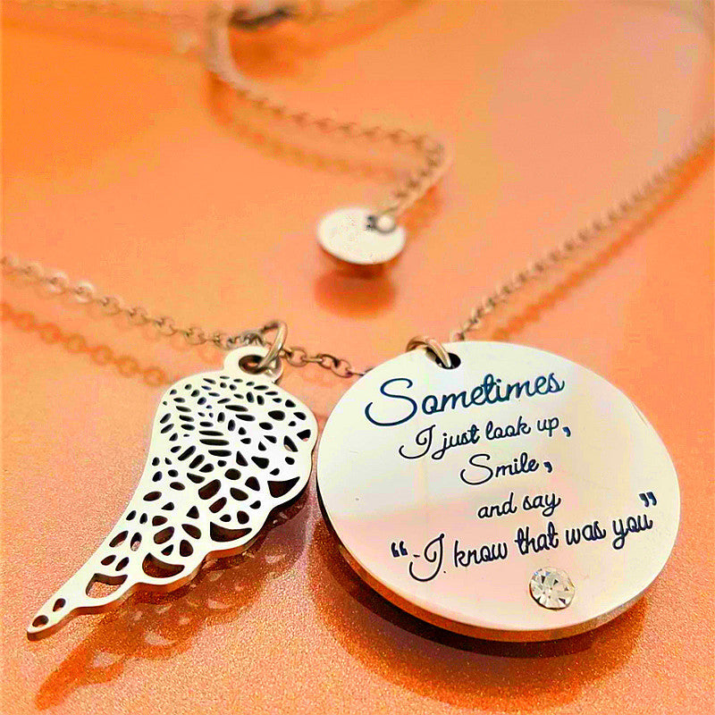 Angel Wings Pendant Necklace with Round Diamond Letters