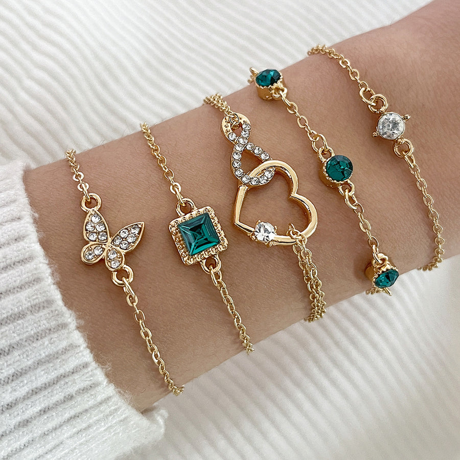 Bohemian Green Crystal Bracelet Set – 5 Unique Pieces for Women