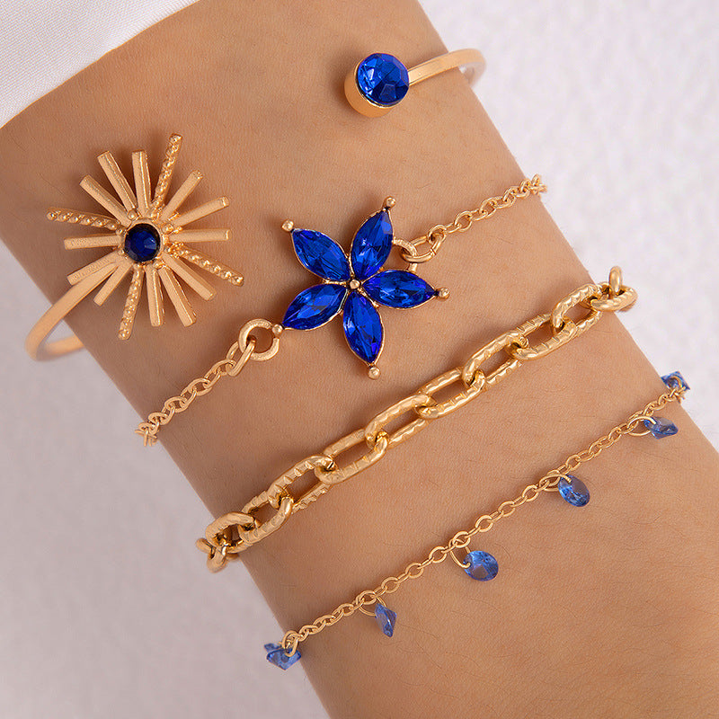 Elegant Blue Butterfly Four-Layer Bracelet with Diamond Detailing