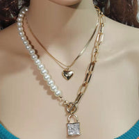 Diamond Lock-shaped Pearl Necklace Women's Simple Temperament