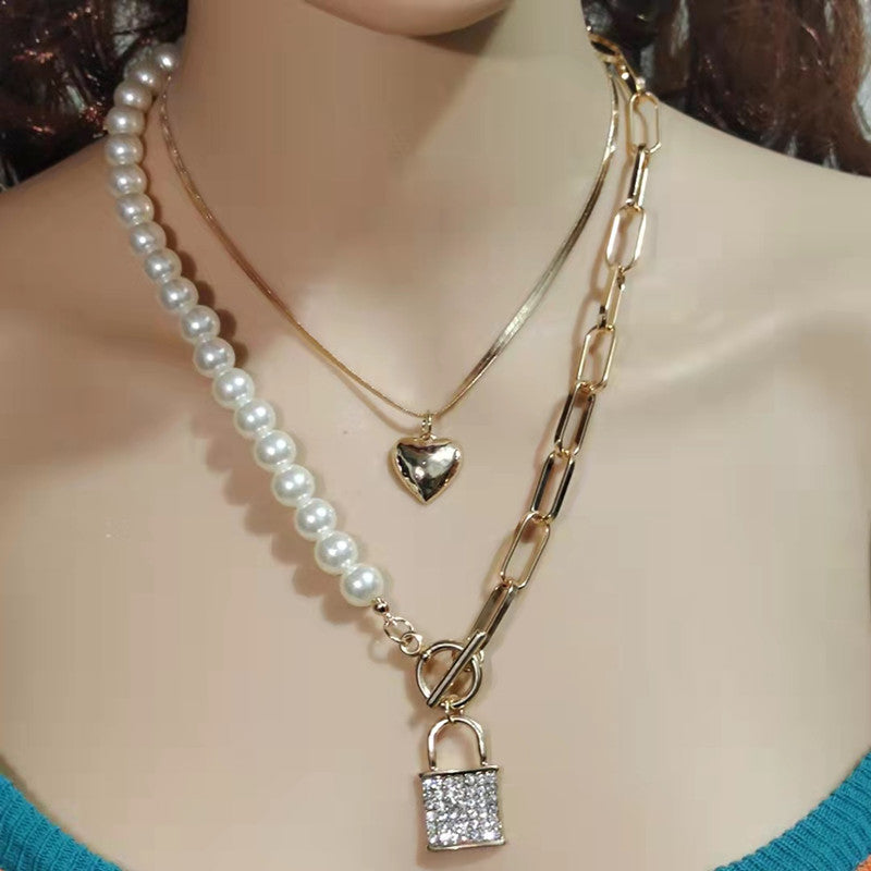 Diamond Lock-shaped Pearl Necklace Women's Simple Temperament