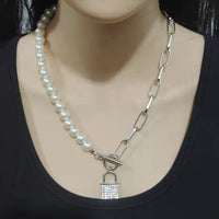 Diamond Lock-shaped Pearl Necklace Women's Simple Temperament