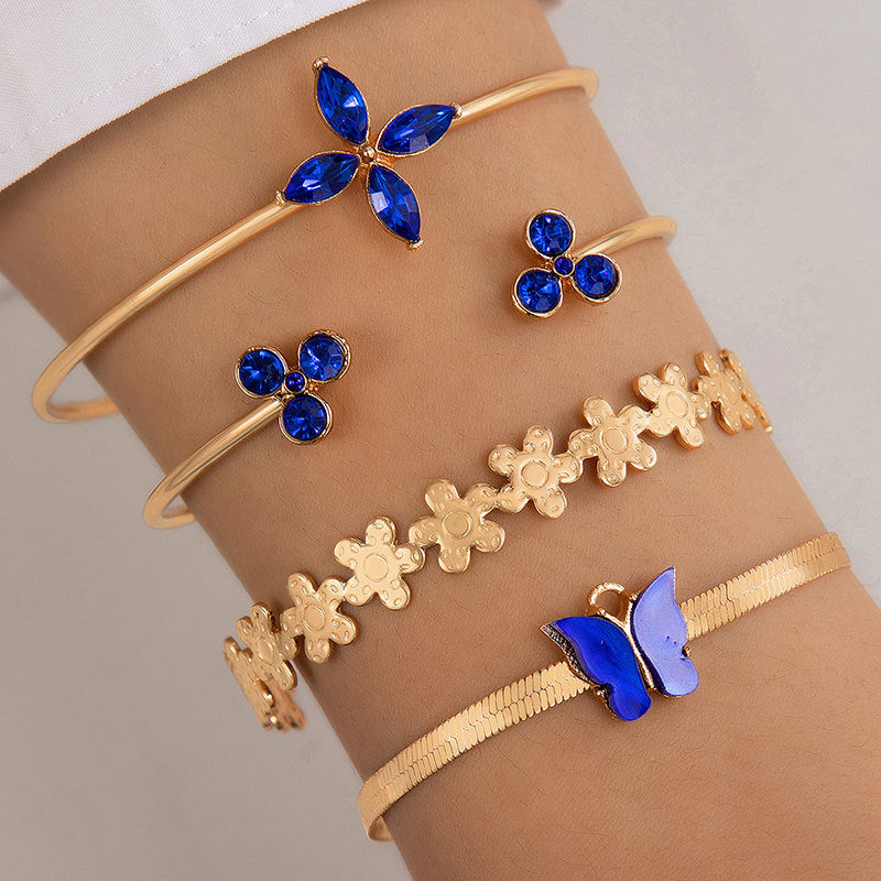 Elegant Blue Butterfly Four-Layer Bracelet with Diamond Detailing