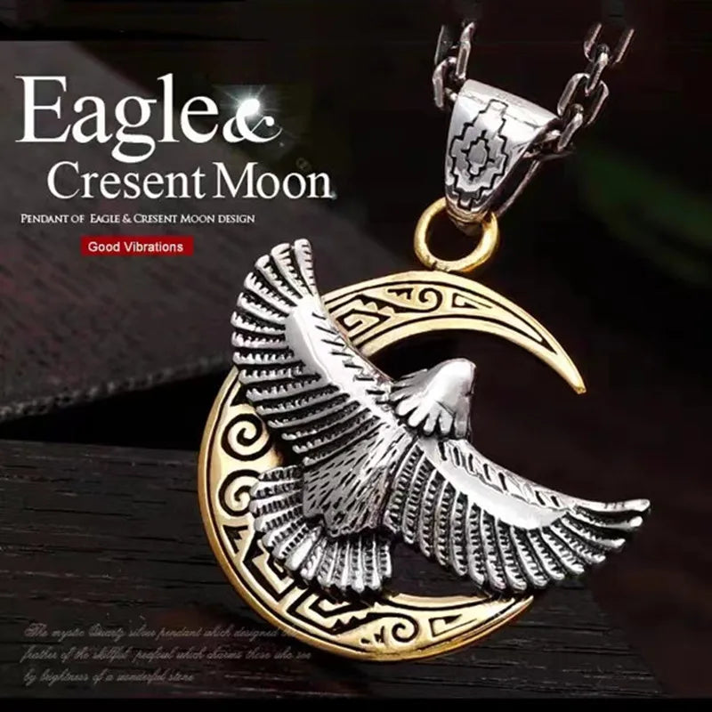 Vintage Indian Style Flying Eagle Moon Pattern Pendant Men Necklace