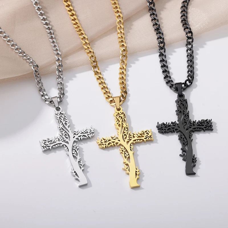 Stainless Steel Tree of Life Cross Necklaces for Women Gold Color