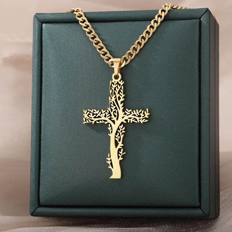 Stainless Steel Tree of Life Cross Necklaces for Women Gold Color