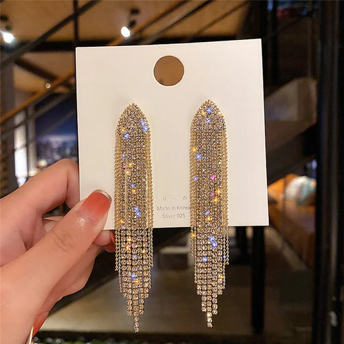 LATS New Classic Shiny Crystal Earrings Exaggerated Long Tassel Rhinestone Drop Earring for Women