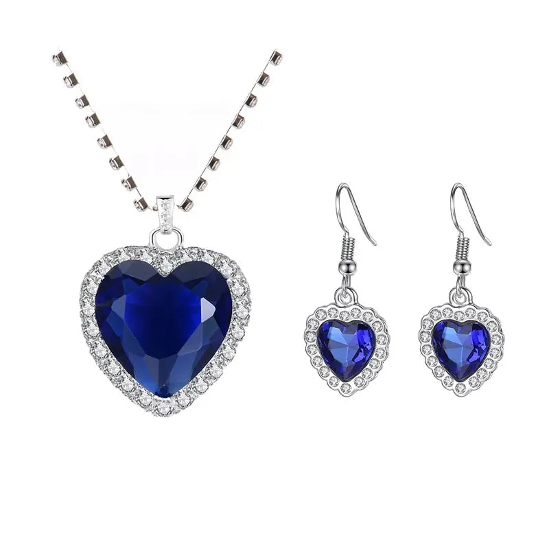 Titanic Heart of Ocean Blue Heart Love Forever Pendant Necklace with Earrings