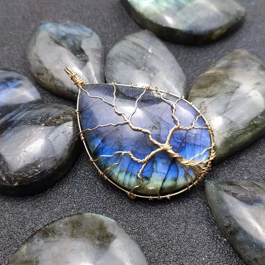 Handmade Tree of Life Pendant Necklace Natural Irregular Labradorite