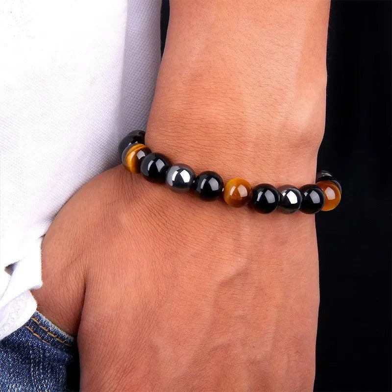 Natural Black Obsidian Hematite Tiger Eye Beads Bracelets Men