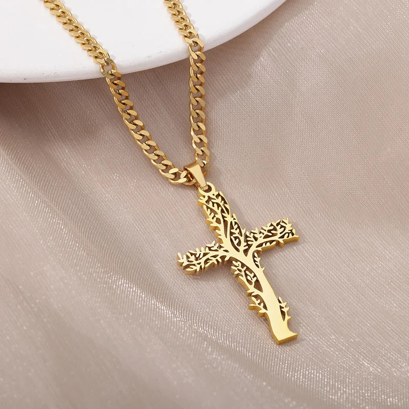 Stainless Steel Tree of Life Cross Necklaces for Women Gold Color