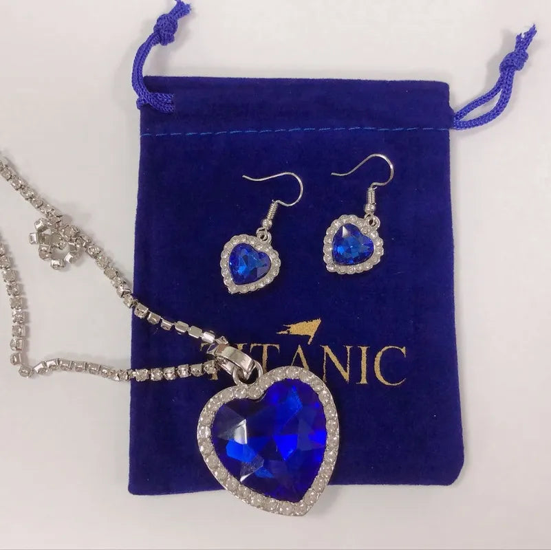 Titanic Heart of Ocean Blue Heart Love Forever Pendant Necklace with Earrings