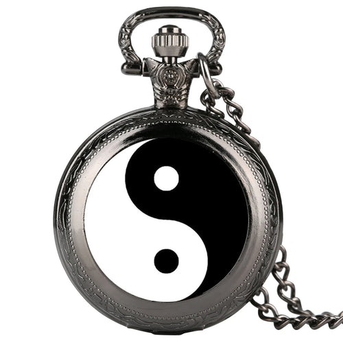 Black and White Tai Chi Yin Yang Quartz Pocket Watch with Snap Button Closure