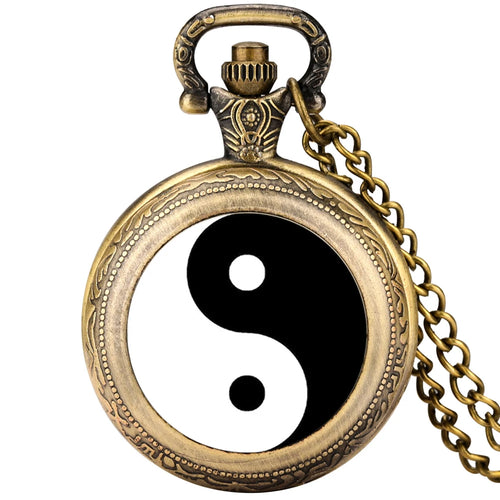 Black and White Tai Chi Yin Yang Quartz Pocket Watch with Snap Button Closure