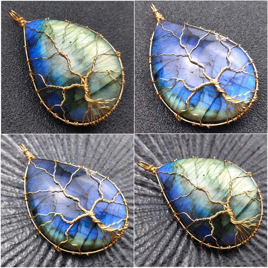 Handmade Tree of Life Pendant Necklace Natural Irregular Labradorite