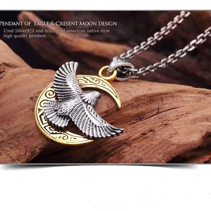 Vintage Indian Style Flying Eagle Moon Pattern Pendant Men Necklace