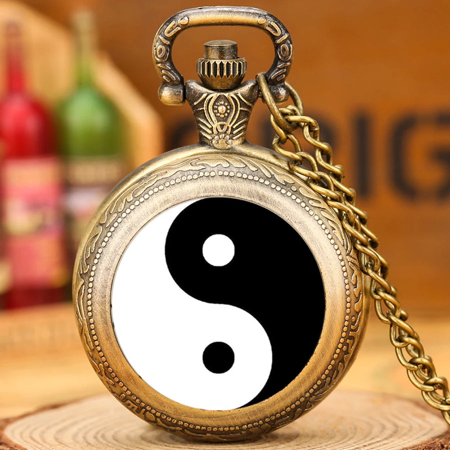 Black and White Tai Chi Yin Yang Quartz Pocket Watch with Snap Button Closure