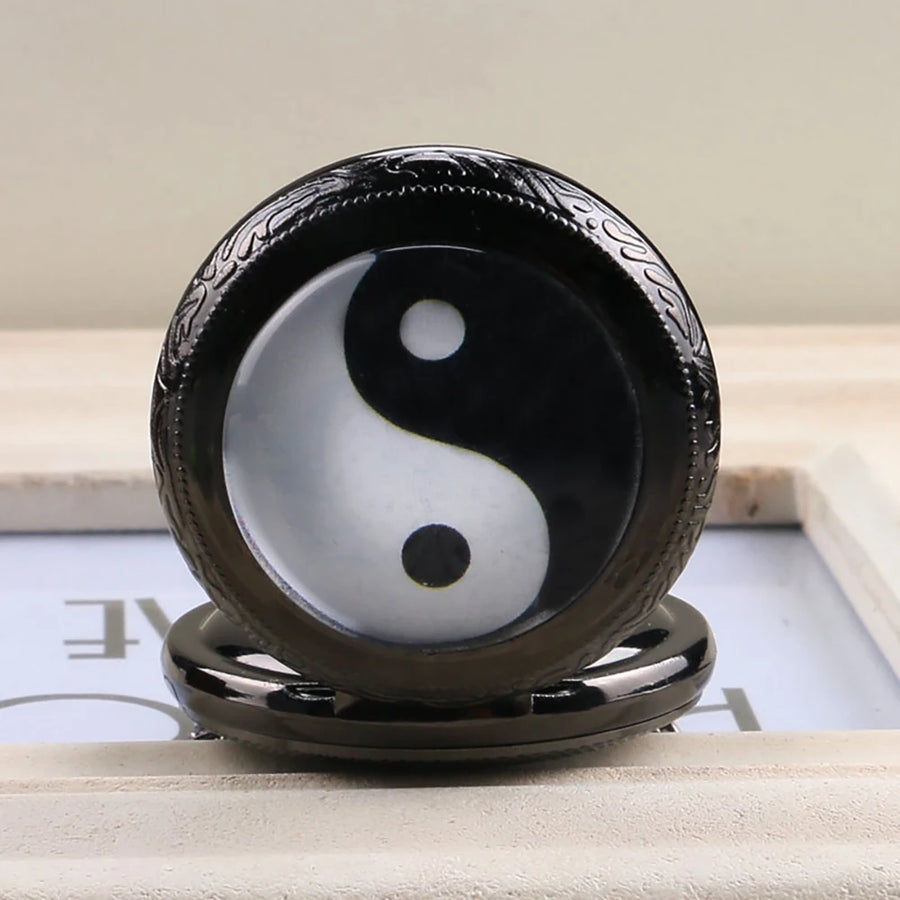 Black and White Tai Chi Yin Yang Quartz Pocket Watch with Snap Button Closure