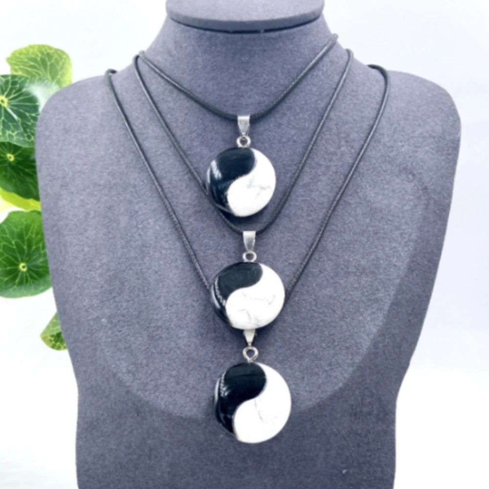 Tai Chi Yin Yang Pendant Natural Stone Black Agates White Turquoises