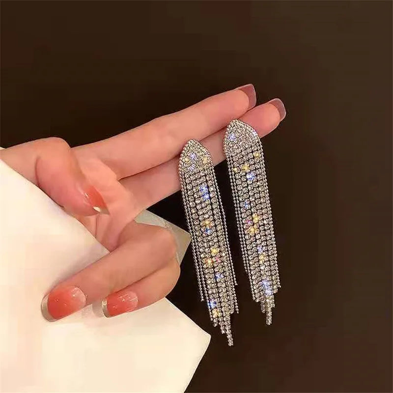 LATS New Classic Shiny Crystal Earrings Exaggerated Long Tassel Rhinestone Drop Earring for Women