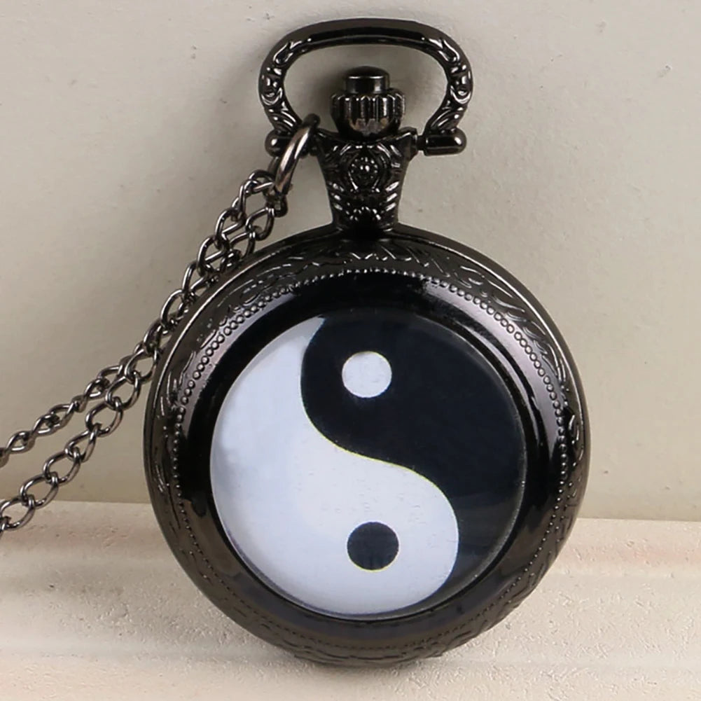 Black and White Tai Chi Yin Yang Quartz Pocket Watch with Snap Button Closure