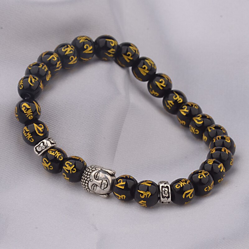 Women's Retro Tibetan Black Beads Carve Mantra Om Mani Amulet Bracelet